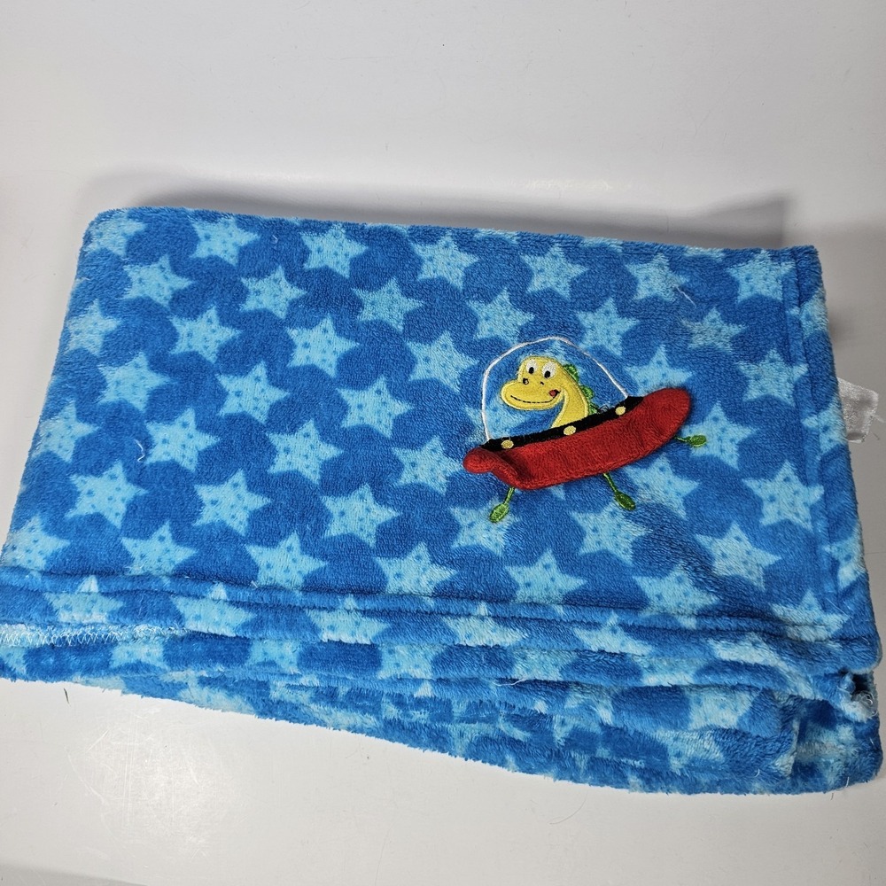 Le Bebe Favorite Dinosaur Saucer Space Ship Stars Fleece Blue Baby Blanket